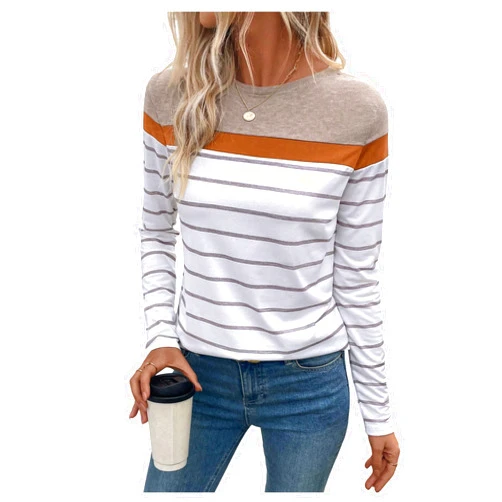 SweatyRocks Women's Color Block Striped T Shirts Crew Neck Casual Trendy Long Sleeve Tee Tops