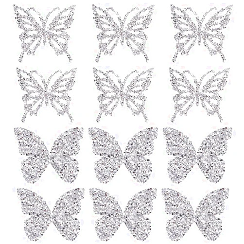BEUNITONE 12 Pcs Rhinestone Butterfly Iron on Patches for T Shirt 2 Styles Butterfly Rhinestone Embroidery Patches Iron/Sew on Butterfly Crystal Appliques Clothing Sticker DIY Clothing Decoration