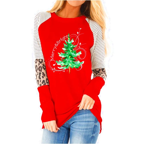 YI XIANG RAN Christmas T Shirt Womens Merry and Bright Shirt Xmas Leopard Print Tree T-Shirt Holiday Graphic Tee Tops