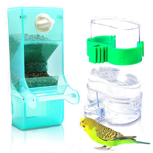 VCEPJH No Mess Bird Feeder Water Dispenser Set, Automatic Parrot Feeder Drinker Plastic Parakeet Seed Dispenser Food Container Cage Accessories for Lovebirds Conures Budgies Canary Finch