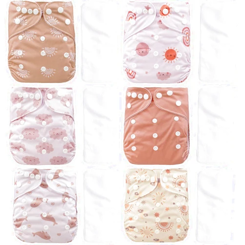 CoolaPeach 12 Set Reusable Adjustable Cloth Diapers for Newborn to 0-3 Years,One Size Washable Pocket Nappy Covers for Baby Girl and Boy,6 Pack Cloth Diapers+6pcs Microfiber Inserts(Pink)