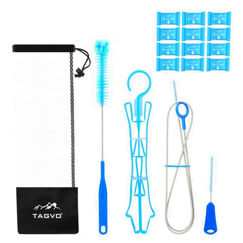 TAGVO Hydration Bladder Cleaning Kit, 6 in 1 Water Bladder Cleaner Set - 3 Brushes, Collapsible Hanger, 12 Cleaning Tablets & Carry Pouch, Water Reservoir Cleaning Tools for Hydration Backpack