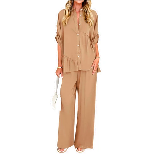 KIRUNDO Two Piece Sets for Women Summer Outfits 2025 Dressy Casual Half Sleeve Button Down Shirt Wide Leg Pants Lounge Set