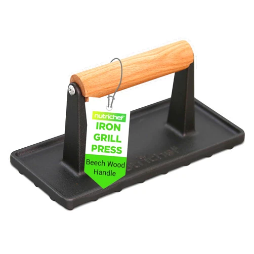 Nutrichef Cast Iron Grill Press - Heavy-Duty Griddle Press with Wooden Handle, Speeds Up Cooking Time on Steak, Burger Patty, Meats, Bacon, Quesadillas & More, Leave an Attractive Mark on Any Meat