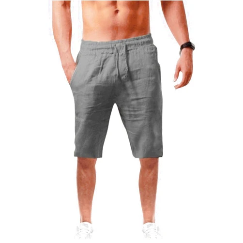 WUAI-Men Casual Linen Pants 7 inch Elastic Waist Drawstring Summer Beach Yoga Shorts Capris with Pockets Slim-Fit Swim Shorts