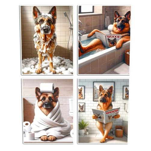 XOTXAJML German Shepherd Bathroom Wall Art set of 4 Gift Idea for German Shepherd Owners Funny Dog Taking Shower Poster cute bathroom decor Suitable for farmhouse decor bathroom