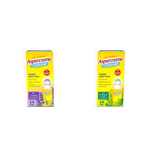 Aspercreme Essential Oils Lidocaine Pain Relief with Lavender, Roll-On No Mess Applicator, 2.5 oz. & Essential Oils Lidocaine Pain Relief with Rosemary & Mint, Roll-On No Mess Applicator, 2.5 oz.