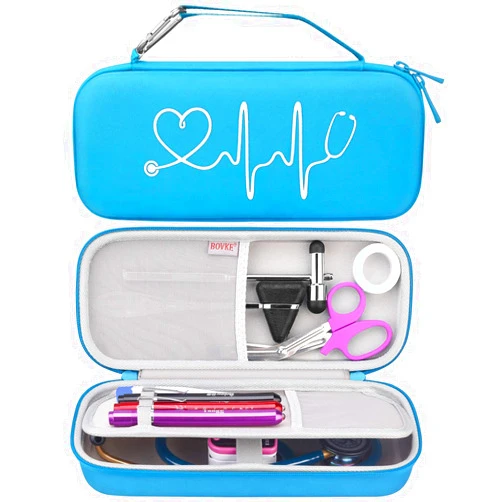 BOVKE Travel Case for 3M Littmann Classic III, Lightweight II S.E, Cardiology IV Diagnostic, MDF Acoustica Deluxe Stethoscopes - Extra Room for Taylor Percussion Reflex Hammer and Penlight, Blue
