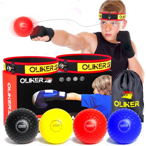 OLIKER Boxing Reflex Ball for Kids, 4 Levels Boxing Ball with 2 Headbands, 1 Pair Gloves and 1 Goggles, Perfect for Reaction, Punching Speed and Hand Eye Coordination Training