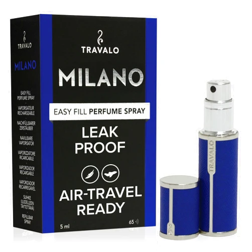 Travalo Milano Perfume Atomizer - Elegant Design for Valentine’s Day - Reusable, Airtight, Easy Fill Mini Pump Sprayer - Vegan Leather with Polished Metal Outer Shell - Blue