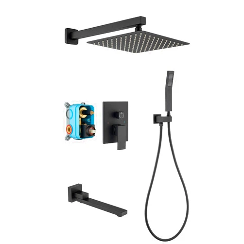 DoBrass Black Shower System with Tub Spout, Waterfall Shower Faucet Set Complete with Pre-embedded Valve, HandHeld Shower and 12-inch Shower Head, Wall Mounted