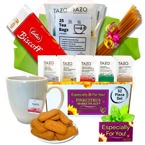PINKCITRUS MARKETPLACE Tea And Cookie Lovers Gift Set Basket Box Care Package With Honey Sticks And White Bistro Mug Thinking Of You, Get Well Soon, Birthday Ideas For Women, Men, Family And Friends