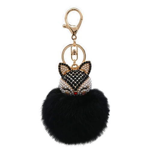 HOYUNLA Rabbit Fur Ball Pom Pom Keychain with Fox Head Inlay Pearl Rhinestone for Women Backpack Car Key Chain Decoration