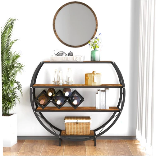 Apepro Demilune Console Table Industrial Entryway Table with 4-Tier Open Storage Shelf Wood and Metal Christmas Sofa Table with Wine Rack for Living Room Hallway Display Vintage Rustic Brown