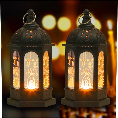 Glodecart 2PCS Ramadan Lantern for Ramadan Decorations, Black Mini Castle Moon Pattern Ramadan Lantern for Ramadan Table Decorations Ramadan Gifts Home Decor, Ramadan Lights Lantern Decor Outdoor
