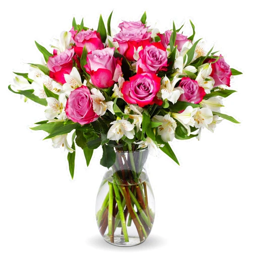 Benchmark Bouquets - Delightful Roses & Alstroemeria (Glass Vase Included) - Fresh Flowers for Delivery - Gift for Graduation, Birthday, Anniversary, Sympathy, Get Well, Congratulations
