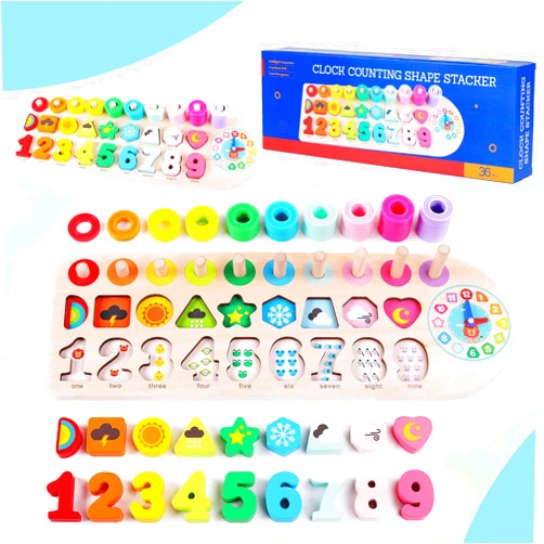QZMTOY Preschool Educational Learning Montessori Toys for Kids, Toddler Puzzles Number Shape Sorter Counting Stacker with Clock Weather, Boys Girls Activities Math Game Gift for Age 3 4 5 Years