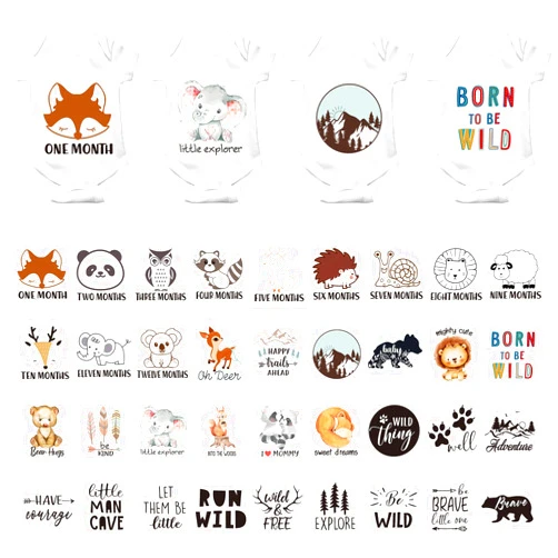 Teling 36 Pcs Iron on Decals Baby Shower Games Iron on Transfers Stickers Patches Baby Bodysuit Making Bibs Decorating Kit Funny Patch Maker for Gender Reveal T Shirt (Animal)