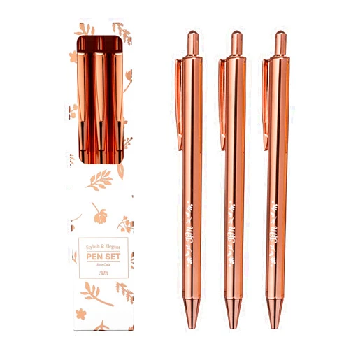 Jot & Mark Metallic Rose Gold Pen Set | Three Pens in Foil Printed Gift Box (3 ball-point pens)