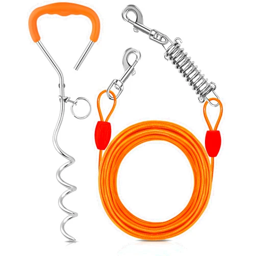 Petbobi Dog Tie Out Cable and Stake - 30ft Heavy Duty Cable with Spring - No Tangle, 16in Ground Stake - Ideal for Yard, Camping, and Beach - Suitable for Medium Large Dogs Up to 120lbs, Orange