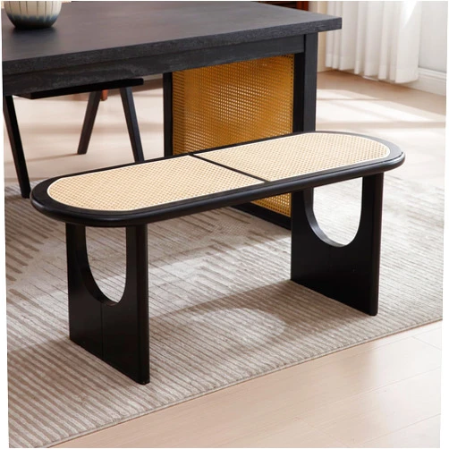 ZSARTS Wicker Rattan Bench Farmhouse Dining Bench for Table Entryway Bench Seat Wooden Ottoman Cane Bench for End of Bed/Living/Dining Room/Bedroom/Hallway Black wood