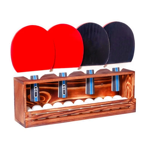 Humberboat Ping Pong Paddle Storage Rack, Wall-Mount Table Tennis Paddle Display Holder for 4 Paddles and Ball Storage Shelf, Pine-Wood Ping Pong Rack for Game Room, Bar, Garage, Office, Home
