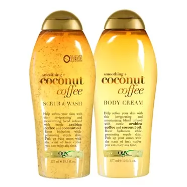 OGX Smoothing + Coconut Coffee Exfoliating Body Scrub with Arabica Coffee & Coconut Oil, with OGX Coconut Body Cream, 19.5oz Scrub & Wash+Body Cream