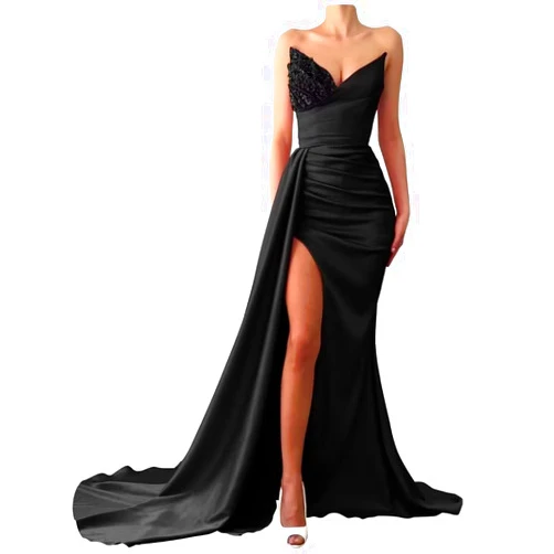 TOHXZCUS Strapless Satin Beaded Lace Appliques Prom Dresses 2025 Long V-Neck Ball Gowns with Train and High Slit for Women
