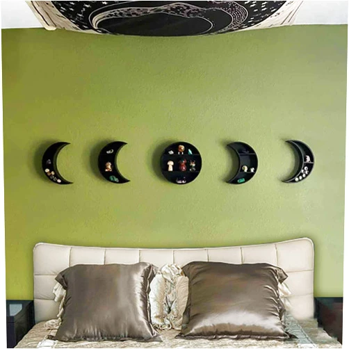 Lmaray 5 Pieces Black Moon Phase Shelf Set - Black Moon Shelf, above Bed Sofa Wall Decor Storage Rack, Moon Crystal Display Shelf, Crescent Moon Shelf for Crystals, Boho Shelf Witch Office Decorative