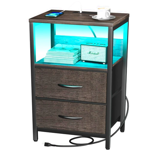 Yoobure Nightstand with Charging Station, LED Night Stand with Fabric Drawers and Storage Shelf for Bedroom, Nightstands Bedside Tables with USB Ports & Outlets, Small Night Stands, Bed Side Table