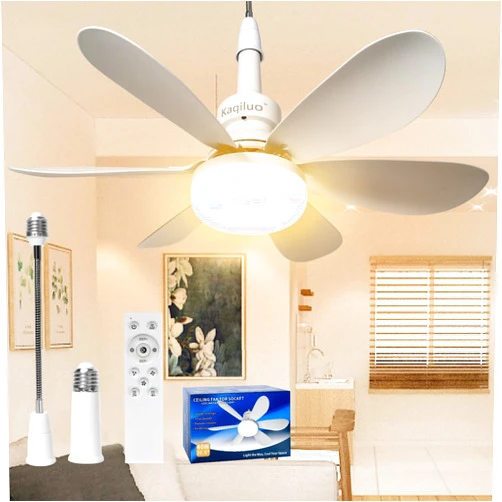 Kaqiluo Socket Fan Light with Remote, 20.5’’ Screw in Ceiling Fan in Light Socket, LED Light Bulb Fan with 3 Color, 2000Lumens, 3000K-6500K, Ceiling Fans with Lights for Bedroom/Kitchen/Garage