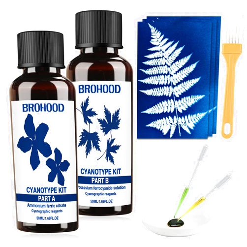 Brohood Complete Sun Printing Kit - Cyanotype Fabric & Paper Kit, 2 Part 50ml Sensitizer for Kids, Beginners & Artists