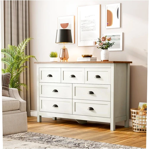 Wananlanen Farmhouse 7 Drawer Dresser for Bedroom, Antique Double Dresser & Chest of Drawer with Vintage Handle and Storage, Wood Rustic Dresser Organizer for Living Room, Hallway(Antique White)