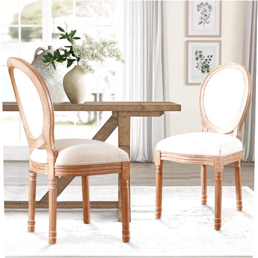 Nrizc French Dining Chairs Set of 2, French Country Dining Chairs, Vintage Farmhouse Dining Chairs with Round Back, Solid Wood Beige Fabric Dining Room Chairs, for Kitchen, Bedroom, Dining Room