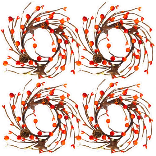 Winlyn Set of 4 Fall Orange Berry and Rusty Star Candle Rings Artificial Pip Berry Pinecone Primitive Candle Wreaths Mini Decorative Wreaths 8.7