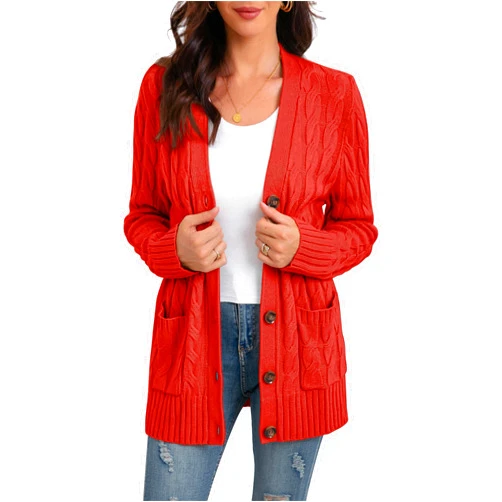GRECERELLE Women's Long Sleeve Loose Knit Cable Open Front Button Down Cardigan Sweater Outerwear Coat with Pockets