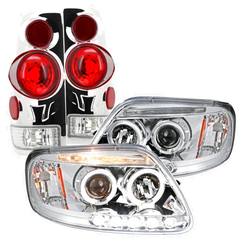 Spec-D Tuning Halo Projector Clear LED Headlight + Euro 3D-Style Tail Brake Lamps Compatible with 1997-2003 Ford F150 Left + Right Pair Headlamps Assembly