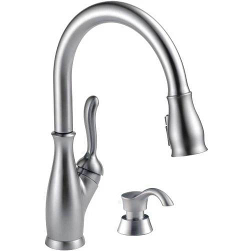 DELTA Faucet RP50781AR Soap/Lotion Dispenser, Arctic Stainless AND Leland Single-Handle Kitchen Sink Faucet with Pull Down Sprayer and Magnetic Docking Spray Head, Arctic Stainless