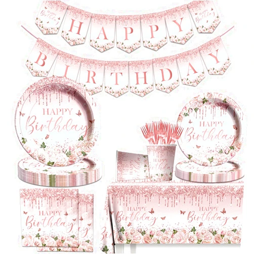 HAKOTI 142Pcs Pink Rose Gold Birthday Party Supplies - Pink Birthday Party Tableware Disposable Dinner Plate,Tablecloth Rose Gold Theme Birthday Party Decoration for 50th 60th 70th 80th Women or Girls