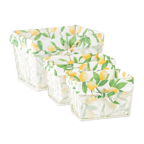 DII Farmhouse Chicken Wire Storage Baskets with Liner, Set of 3, Antique Lemon Print, Assorted Sizes, 3 Piece
