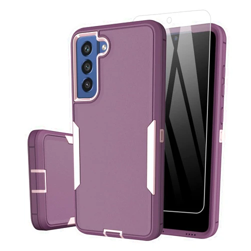 Dahkoiz for Samsung Galaxy S21 FE 5G Case, and Glass Screen Protector, Dust Proof Port Cover, Full Body Protection Durable Rubber Cover Phone Case, Purple