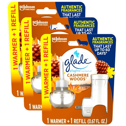 Glade PlugIns Refills Air Freshener Starter Kit, Scented Oil for Home and Bathroom, Cashmere Woods, 0.67 Fl Oz, 1 Warmer + 1 Refill (Pack of 3)