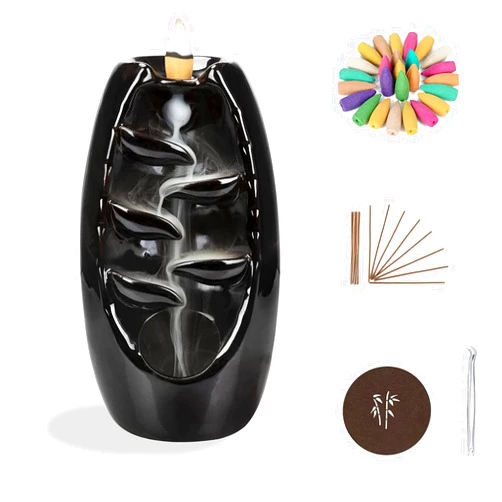 Timoau Ceramic Backflow Incense Holder and Burner Waterfall, Incense Fountain with 120 Incense Cones & 30 Incense Stick, Aromatherapy Ornament, Zen Decor, Home Decor, Black