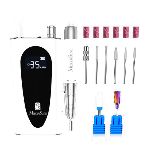 MelodySusie 35000RPM MM400C Nail Drill Professional, Rechargeable Cordless Nail Drill Machine Portable Efile for Acrylic Gel Nails Remove, 8Pcs Nail Drill Bits, Low Noise Low Heat, Sparkle Plus, White