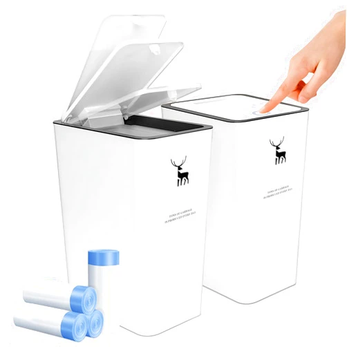 Hsxfl Trash Can with Lid, 2 Pack 4 Gallons/15 L Garbage Can with Press Top, Small Trash Can Dog Proof, Plastic Trash Bin, Waste Basket for Bathroom Kitchen Bedroom Office Living Room Study (White)