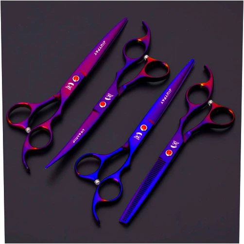 SXFXZ Professional Pet 7.0 Inch Dog Grooming Scissors Set, Color Straight & Thinning & Curved Scissors 4Pcs/Set for Dog Grooming Hairdressing Salon Barber Supplies,Purple,7.0inch