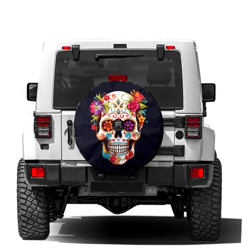 Dujiea Sugar Skull Spare Tire Cover with Backup Camera Hole, Universal Wheel Tire Cover Tire Protectors for Jeep Trailer RV Van SUV Truck Camper and Many Vehicle 17inch
