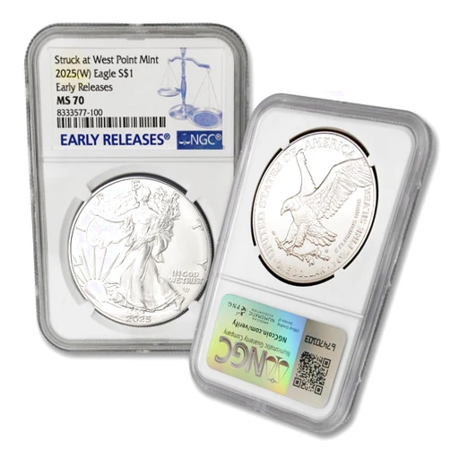 MINT STATE GOLD 2025 (W) 1 oz American Silver Eagle Coin MS-70 (Early Releases - Struck at West Point Mint) $1 NGC MS70