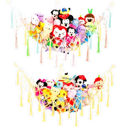 Diocos 2 Pack Stuffed Animal Net Toy Hammock with Tassel-Corner Hanging Net for Plush Toy Holder Boho Macrame Toy Display,Toy Storage Organizer for Kids Room, Nursery, Bedroom