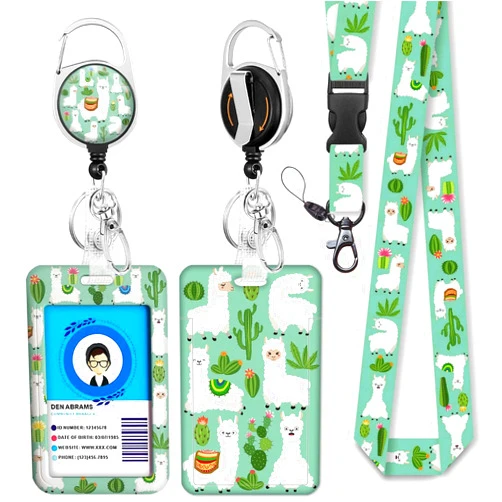 GIANCOMICS Cute Alpaca&Cactus Lanyards Detachable for Id Badges, Green Plants Retractable ID Badge Holder, Fashionable Badge Reel Heavy Duty with 360 Degrees Rotate Carabiner Clip, Nurse Teacher Office Gifts